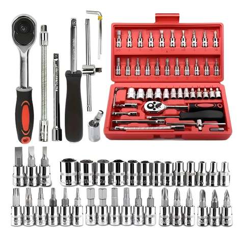 Kit Jogo de Ferramentas 46 Peças Catraca Soquetes Bits Fenda Phillips Allen Extensores com Maleta para Oficina Mecânico Casa Carro Reparos Manutenção Portátil Compacto Hardline