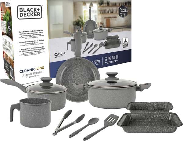 Black+decker Jogo De Panelas 9 Peças Ceramic Line - Corpo Com Revestimento Cerâmico Antiaderente Com Acabamento Marmorizado Grey Marble, Base Compatível Com Indução
