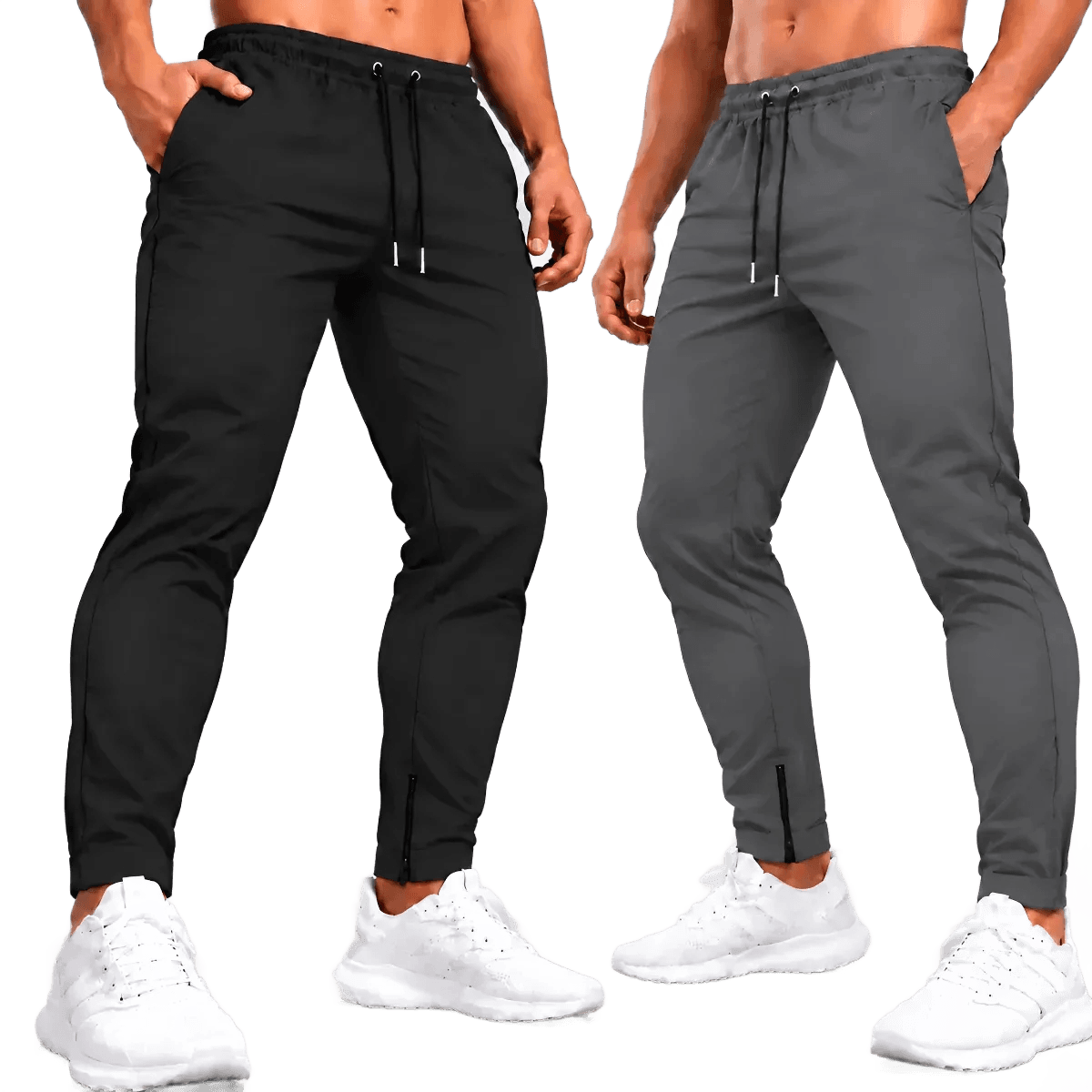 Kit 2 Calças Jogger Tactel Com Elastano Bolsos E Zipper Preta E Cinza M