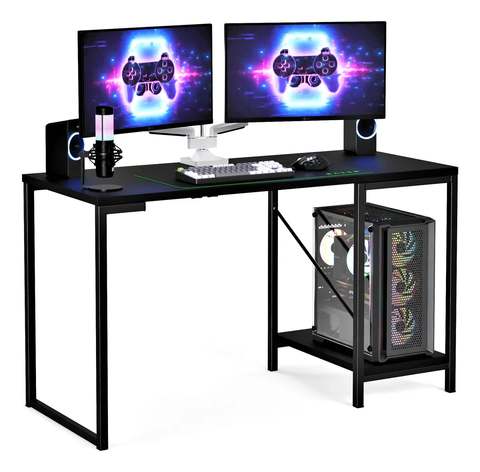Escrivaninha Gamer Industrial De Mdf Com Prateleira Para Cpu E Estrutura De Aço Preta Preto Essenza
