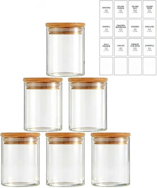 Potes Herméticos de Vidro com Tampa de Bambu - Kit 6 Unidades 200ml para Temperos, Grãos, Café e Organização de Cozinha