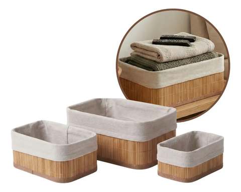 Kit 3 Cestos Domésticos Organizadores De Bambu Multiuso Com Forro Cestos Bambu Forro Lavável Retangular Armazenar Objetos Organizadores Retangulares Multiuso Casa