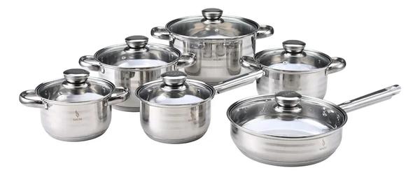 Jogo De Panelas Galya 12 Peças Aço Inoxidável Compatível Indução Gás Fundo Triplo Com Tampa