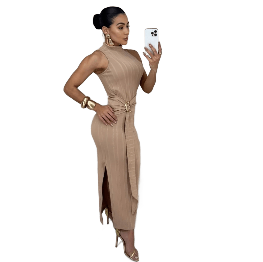 Vestido Liz Feminino Regata Modelador Cinto Fivela Orgânica