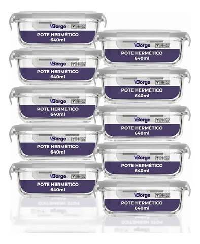 Kit 10 Marmitas De Vidro 640ml Potes Com Tampa Hermética 4 Travas