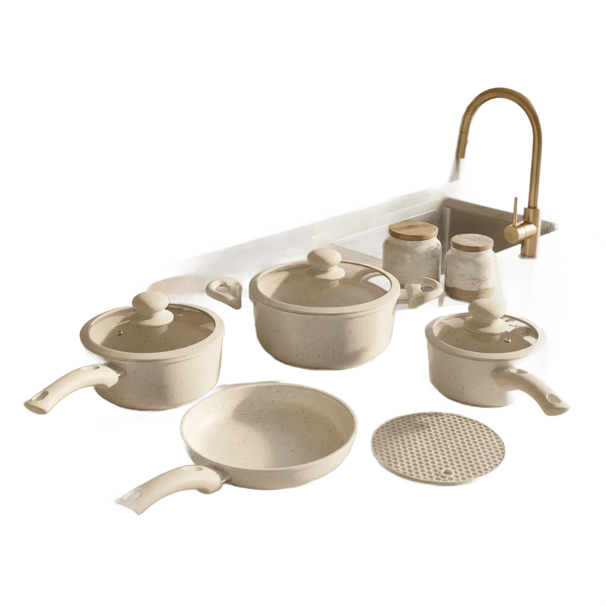Jogo Panela Ceramica Antiaderente 5pç Tampa Silicone Induçao Bege