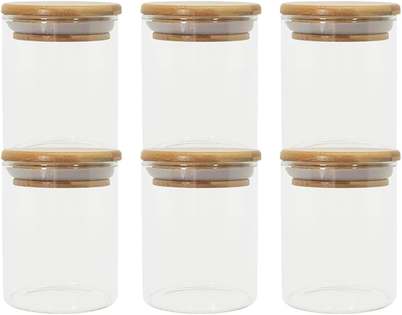 Oikos - Kit 6 Potes De Vidro 200ml Com Tampa De Bambu Herméticos Redondos