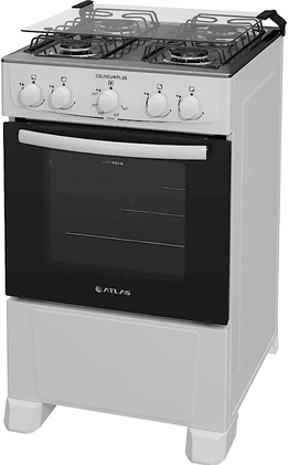 Fogão De Chão Atlas Coliseum Plus A Gás 4 Queimadores Branco Com Mesa De Inox Porta Com Visor E Forno De 50 Litros