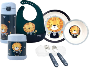 clingo-kit-alimentacao-bebe-7-pecas-babador-garrafa-pote-termico-tigela-e-prato-talheres-em-metal-livre-de-bpa-marinho - Imagem