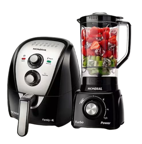 Fritadeira Elétrica Sem Óleo Air Fryer Mondial AFN40BI 4L - Preta/Inox + Liquidificador Mondial Turbo Power L-99 FB 500W com 3 Velocidades - Preto - 220V