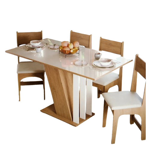 Conjunto Sala de Jantar 4 Lugares com Cadeiras Estofadas Mesa Com Tampo Retangular Semelhante Vidro Base V Mel Branco Off White