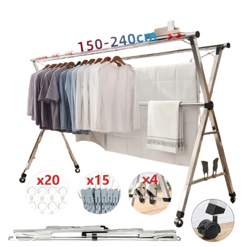 Varal Chão Roupa Retrátil 3 Andares Dobrável Aço Inoxidávelrodas 60kg Gaonas Varal De Chão Grande De Roupas, 20 * Ganchos À Prova De Vento, 12 * Clipes, 4 * Sapateiras