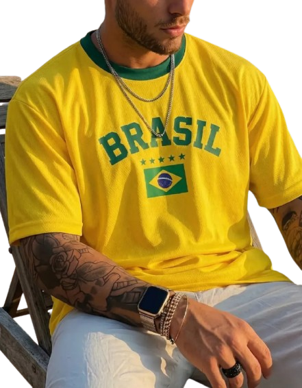 Blusa Brasil Retrô Estampada Bandeira Camiseta Masculina