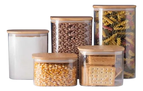 kit-05-potes-hermeticos-de-vidro-com-tampa-de-bambu-e-silicone-recipiente-armazenamento-de-alimentos-jogo-porta-mantimentos-temperos-pote-de-condimentos-organizador-de-cozinha-multifuncional - Imagem