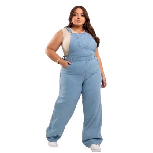 Jardineira Calça Jeans Macação Plus Size Wide Leg Pantalona