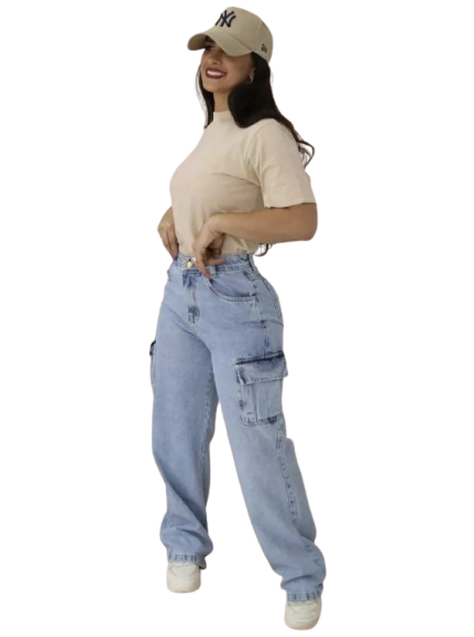 calca-jeans-feminina-cargo-levanta-bumbum-cintura-alta - Imagem