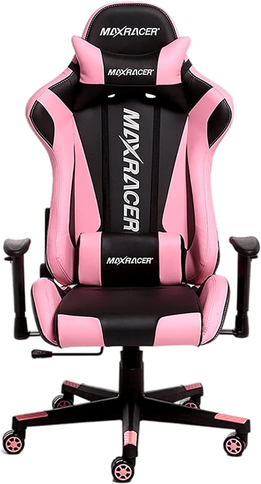 max-racer-cadeira-gamer-skilled-poltronas-gamer-cadeira-ergonomica-ate-150kg-giratoria-bracos-1d-tecido-sintetico-pvc-inclinacao-180-almofada-cervical-e-lombar-rosa - Imagem