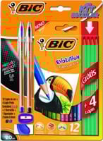 kit-escolar-bic-12-lapis-de-cor-4-lapis-preto-evolution-2-canetas-cristal-dura-1-borracha-1-apontador - Imagem