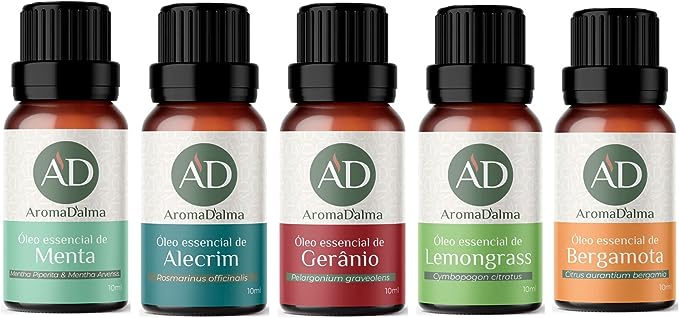 kit-oleo-essencial-inspiracao-para-aromaterapia-5-aromas-incriveis-100-puros-menta-alecrim-geranio-lemongrass-e-bergamota-aroma-dalma - Imagem