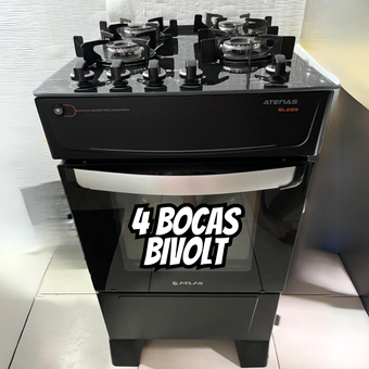 Fogão Atlas 4 Bocas preto Atenas Glass com Acendimento automático - Bivolt Fogão Atlas 4 Bocas preto Atenas Glass com Acendimento automático - Bivolt