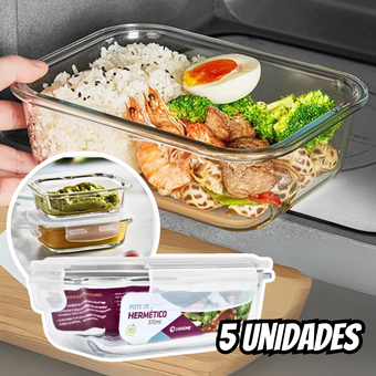 Conjunto 5 Potes Vidro Hermético Mantimentos Marmita 370ml - Praticasa Conjunto 5 Potes Vidro Hermético Mantimentos Marmita 370ml - Praticasa