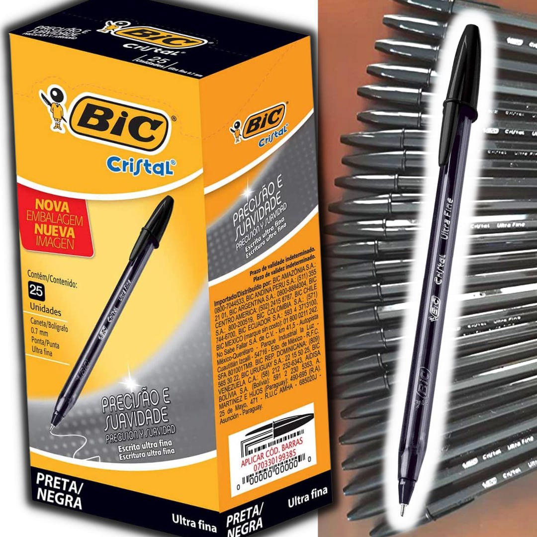 Caneta Esferográfica BIC Cristal Precisão e Suavidade, Preta, Ponta Ultra Fina, 0.7mm, 902489, 25 unidades Caneta Esferográfica BIC Cristal Precisão e Suavidade, Preta, Ponta Ultra Fina, 0.7mm, 902489, 25 unidades