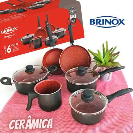 Jogo de 6 panelas cerâmicas antiaderente Life Easy Brinox - Carbono Jogo de 6 panelas cerâmicas antiaderente Life Easy Brinox - Carbono