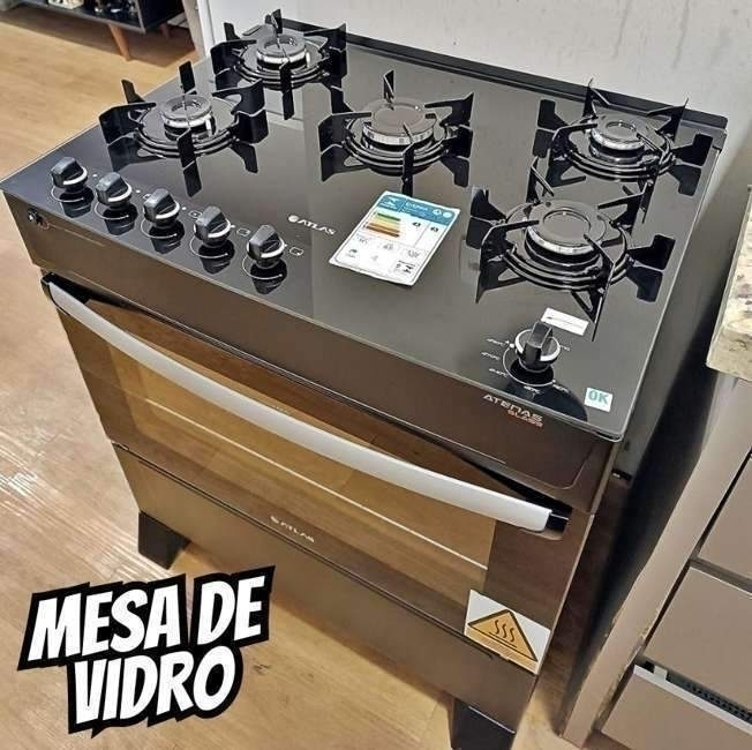 Fogão de Pé Atlas Atenas Glass 5 Queimadores A Gás com Mesa de Vidro Preto 110V/220V Fogão de Pé Atlas Atenas Glass 5 Queimadores A Gás com Mesa de Vidro Preto 110V/220V