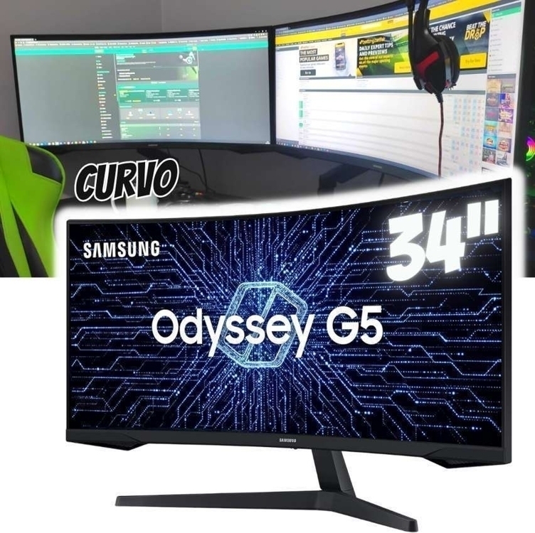 Monitor Gamer Curvo Samsung Odyssey 34’’, Ultra WQHD, 165Hz, 1ms, tela ultrawide, HDMI, Display Port, Freesync Premium, preto, série G5 Monitor Gamer Curvo Samsung Odyssey 34’’, Ultra WQHD, 165Hz, 1ms, tela ultrawide, HDMI, Display Port, Freesync Premium, preto, série G5
