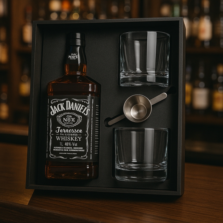 Kit Premium Box Whisky Jack Daniels 1lt + 2 Copos + Dosador Kit Premium Box Whisky Jack Daniels 1lt + 2 Copos + Dosador