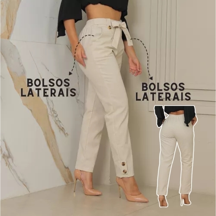 Calça Linho Alfaiataria Jogger Fita Cintura Alta Social Laço Calça Linho Alfaiataria Jogger Fita Cintura Alta Social Laço