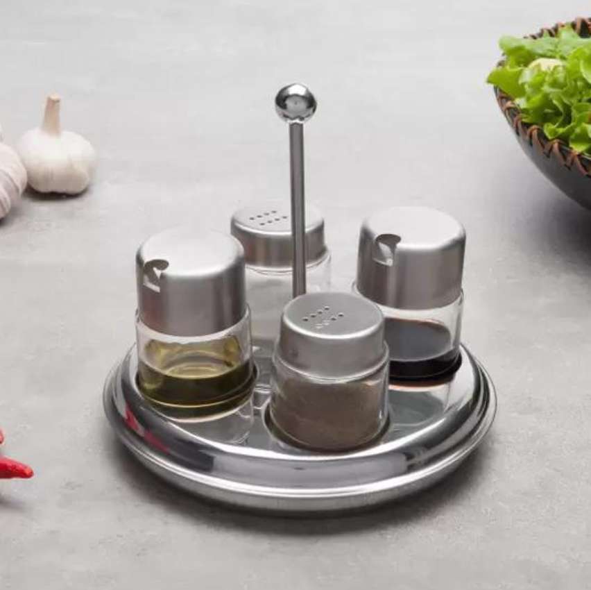 Galheteiro Vidro Forma Inox 5 Peças com Suporte - Redondo Galheteiro Vidro Forma Inox 5 Peças com Suporte - Redondo