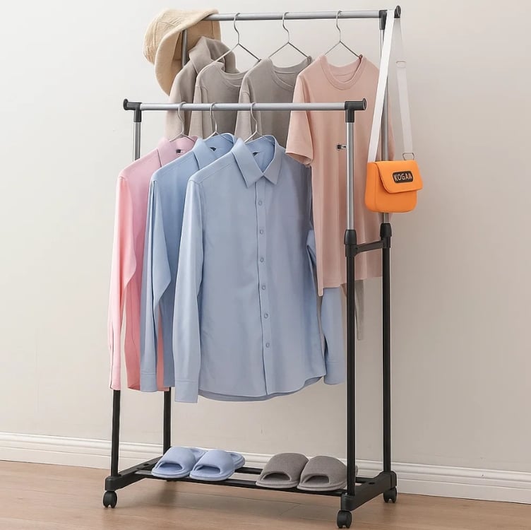 Cabideiro De Roupas Arara Organizador Duplo Móvel Regulável com Roda Sapateira Cabideiro De Roupas Arara Organizador Duplo Móvel Regulável com Roda Sapateira