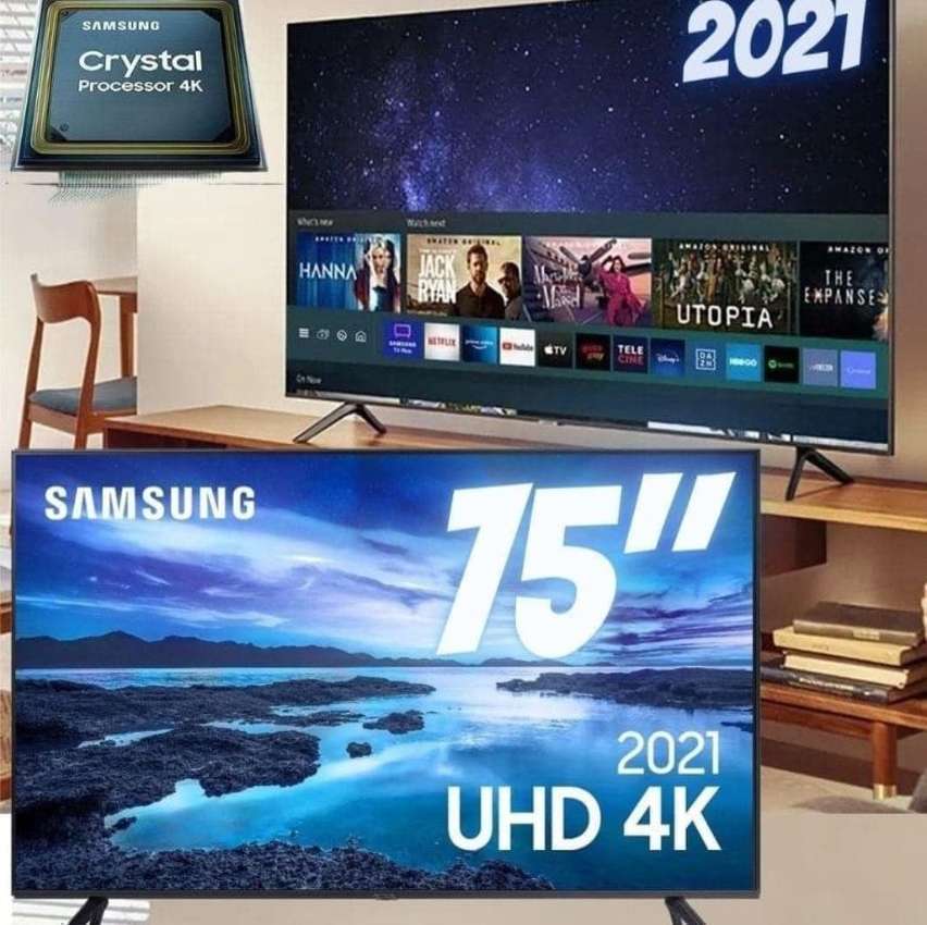 Smart TV Samsung 75" UHD 4K UN75AU7700GXZD Processador Crystal 4K Tela sem limites Visual Livre de Cabos Alexa built in Controle Único Smart TV Samsung 75" UHD 4K UN75AU7700GXZD Processador Crystal 4K Tela sem limites Visual Livre de Cabos Alexa built in Controle Único