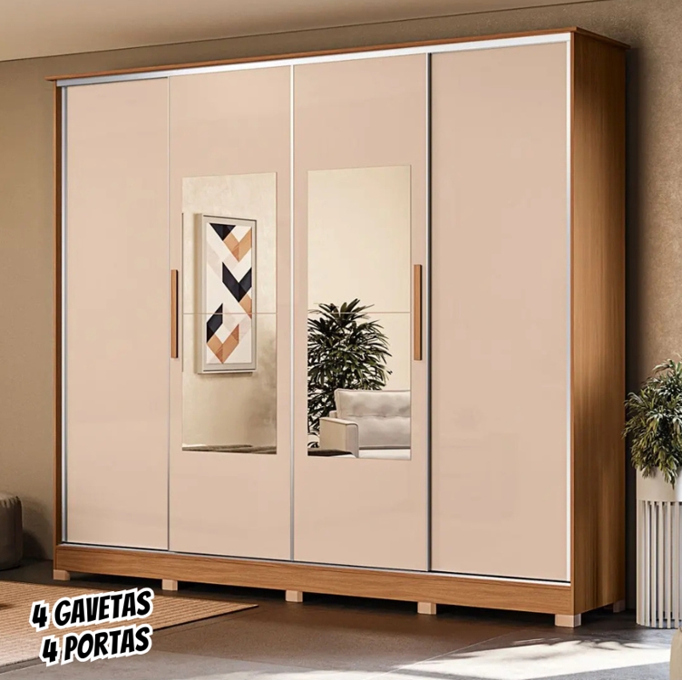 Guarda-roupa Casal com Espelho 4 Gavetas 4 Portas Kappesberg Mônaco II Guarda-roupa Casal com Espelho 4 Gavetas 4 Portas Kappesberg Mônaco II