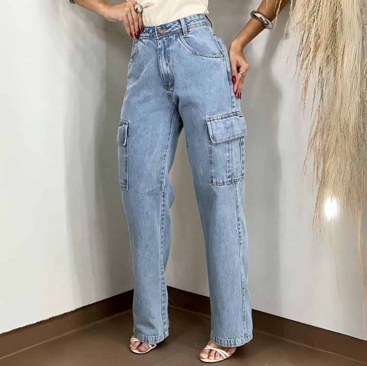 Calça Jeans Feminina Cargo Levanta Bumbum Cintura Alta Calça Jeans Feminina Cargo Levanta Bumbum Cintura Alta