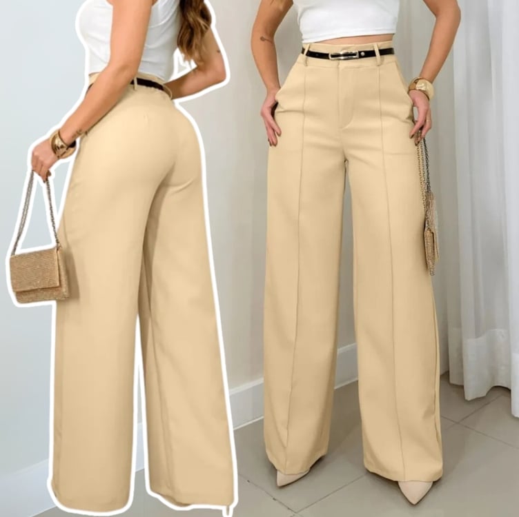 Calça Feminina Alfaiataria Social Com Cinto Moda Verão 2025 Calça Feminina Alfaiataria Social Com Cinto Moda Verão 2025