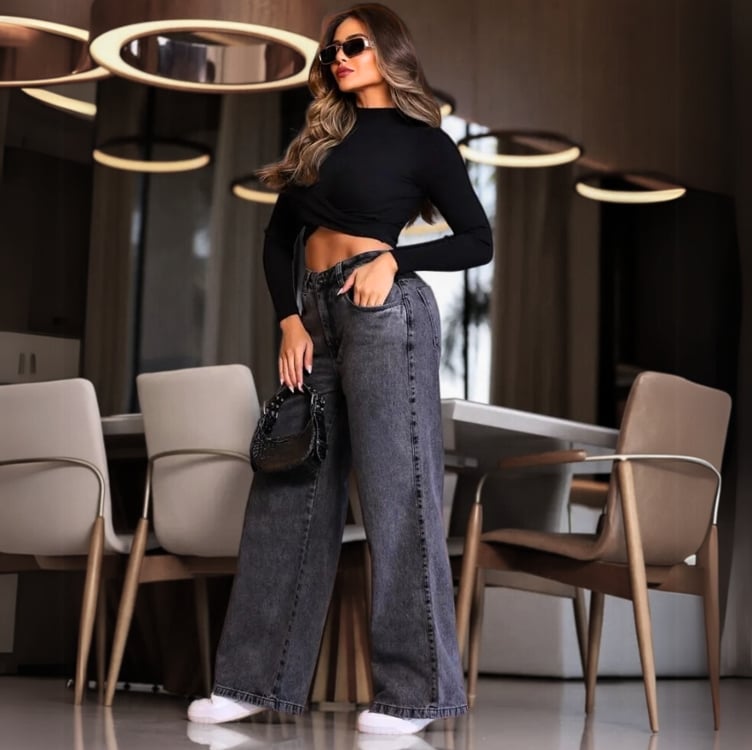Calça Jeans Feminina Wide Leg Pantalona 100% Algodão Calça Jeans Feminina Wide Leg Pantalona 100% Algodão