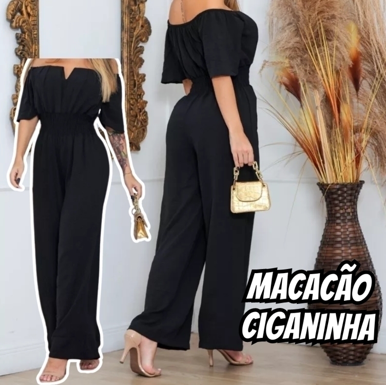 Macacão Feminino Longo Pantalona Ciganinha Acinturado Macacão Feminino Longo Pantalona Ciganinha Acinturado
