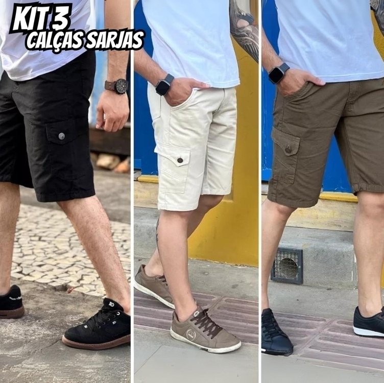 Kit 3 Bermuda Masculina Cargo Short Sarja 6 Bolsos Social Kit 3 Bermuda Masculina Cargo Short Sarja 6 Bolsos Social