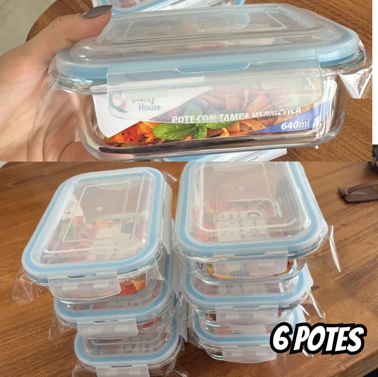 Conjunto 6 Potes 640ml Vidro Hermético 4 Travas Marmita Univendas Conjunto 6 Potes 640ml Vidro Hermético 4 Travas Marmita Univendas