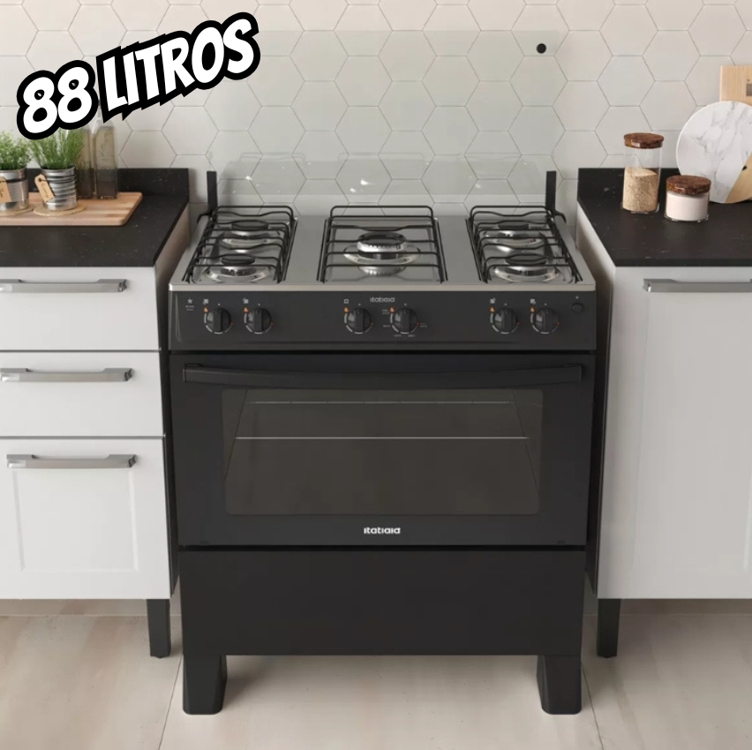 Fogão 5 Bocas Itatiaia Preto Star New Com Forno 88L e Tampa de Vidro Bivolt Fogão 5 Bocas Itatiaia Preto Star New Com Forno 88L e Tampa de Vidro Bivolt