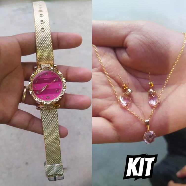 Relógio Feminino+ Colar Pingente Brincos Folheado A Ouro 18k Relógio Feminino+ Colar Pingente Brincos Folheado A Ouro 18k