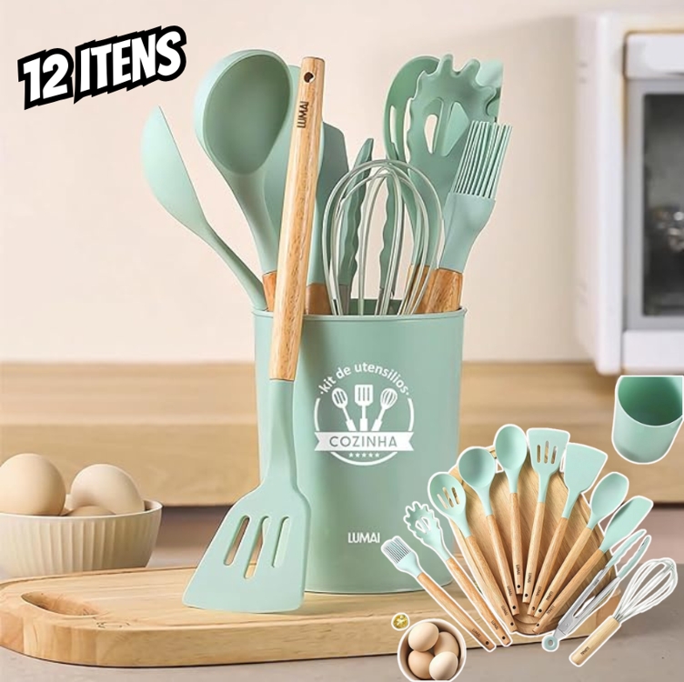 Kit 12 Utensílios De Cozinha Em Silicone E Cabo De Madeira Lumai (azul) Kit 12 Utensílios De Cozinha Em Silicone E Cabo De Madeira Lumai (azul)