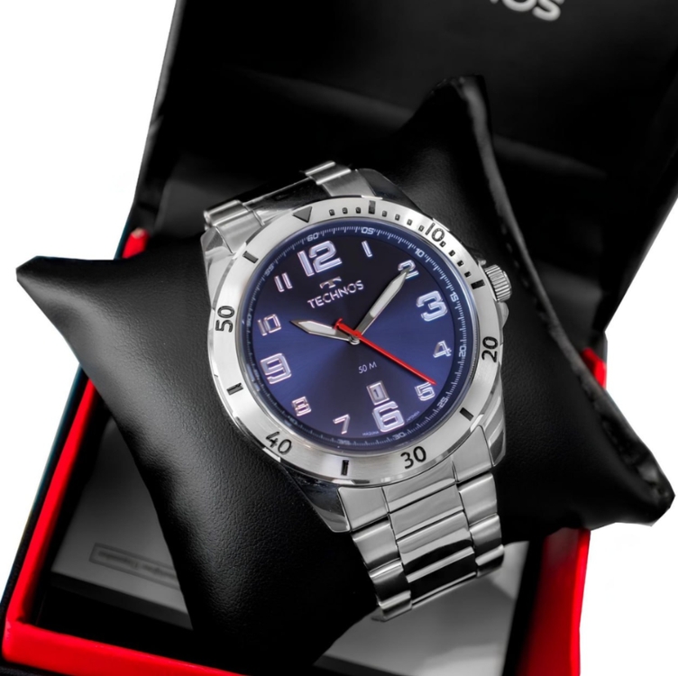 Relógio Masculino Technos Prata Performance Militar Fundo Azul Relógio Masculino Technos Prata Performance Militar Fundo Azul