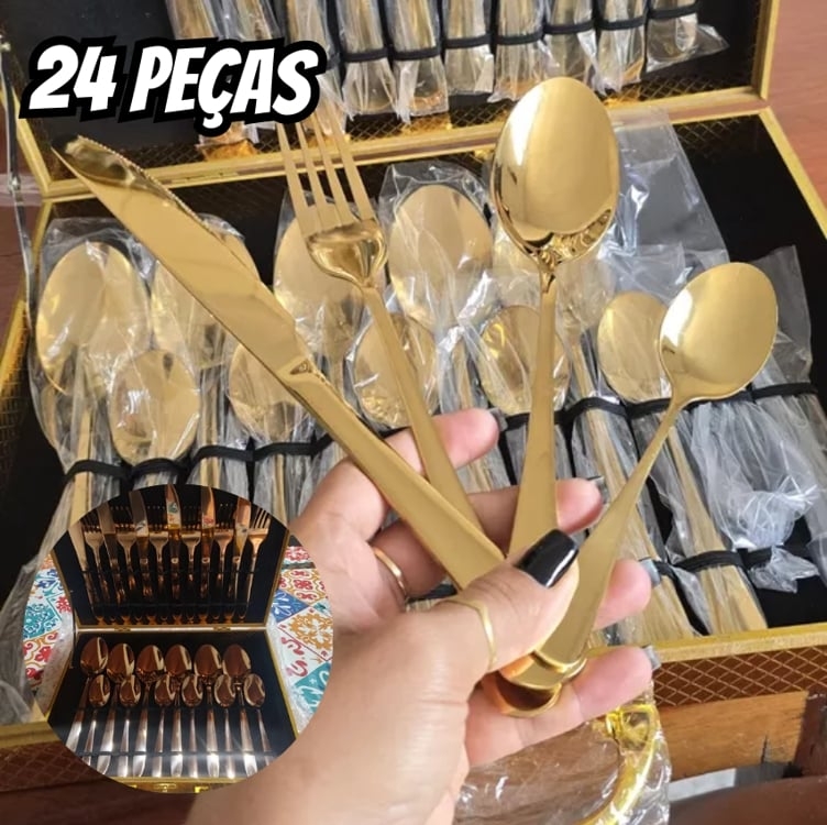Jogo Talheres 24 Peças Faqueiro Dourado Premium Com Maleta Jogo Talheres 24 Peças Faqueiro Dourado Premium Com Maleta