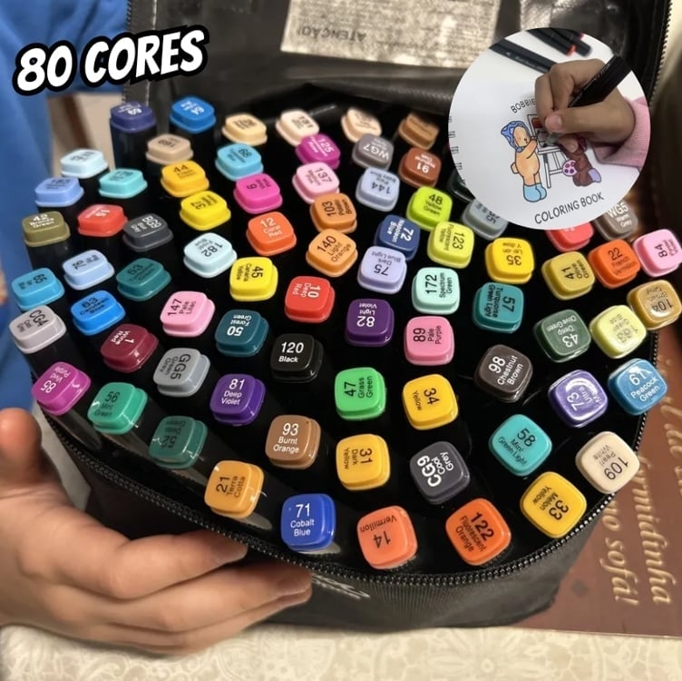 Conjunto Canetas Marcador Canetinha Ponta Dupla 80 Cores Kit Conjunto Canetas Marcador Canetinha Ponta Dupla 80 Cores Kit