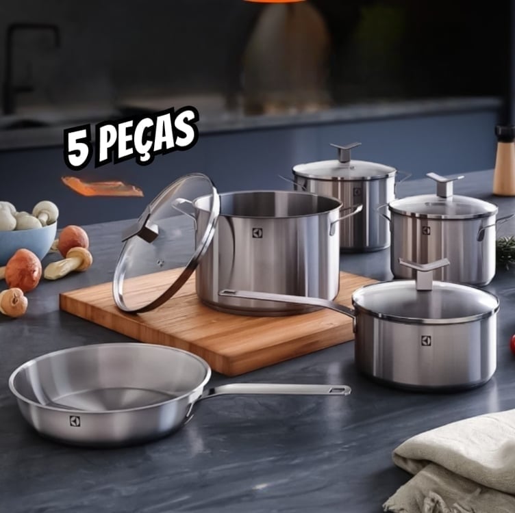 Jogo de Panelas Electrolux Inox com 5 Peças Design com Fundo Triplo Jogo de Panelas Electrolux Inox com 5 Peças Design com Fundo Triplo