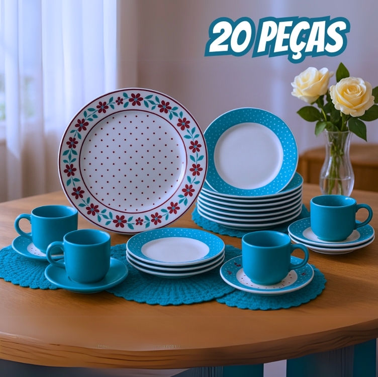 Aparelho de Jantar e Chá 20 Peças Biona de Cerâmica Redondo Branco e Azul Claro Donna Aparelho de Jantar e Chá 20 Peças Biona de Cerâmica Redondo Branco e Azul Claro Donna