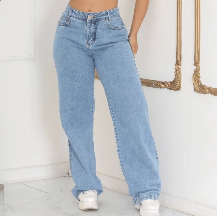 Calça Jeans Wide Leg Feminina Cintura Alta Sem Lycra Calça Jeans Wide Leg Feminina Cintura Alta Sem Lycra